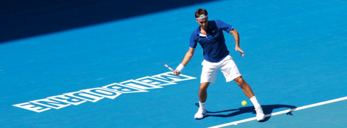 Roger Federer at full swing during the 2009 Australian Open. Picture: Richard Fisher